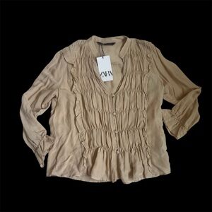 Zara ruffled Tan Blouse size S